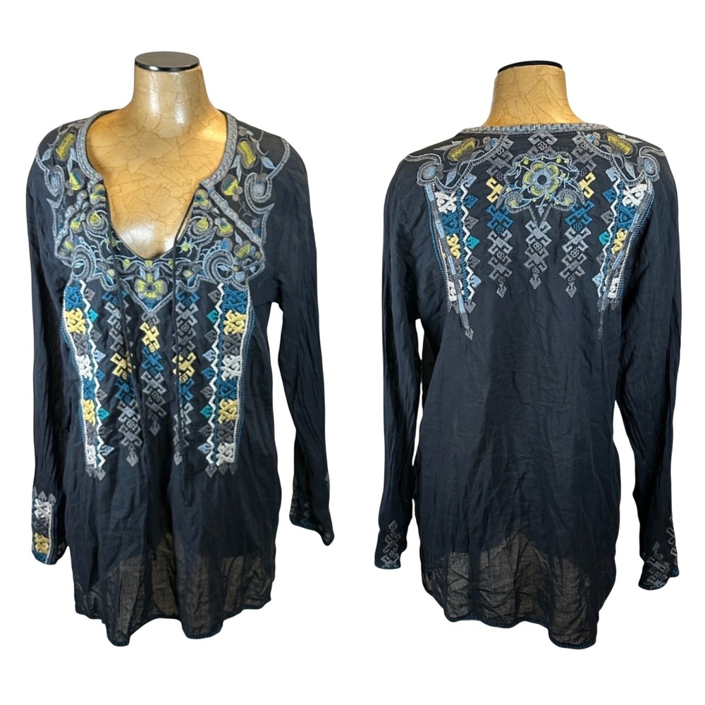 Biya Johnny Was Boho Embroidered Long Sleeve Gauze Tunic Top Black Blue Yellow